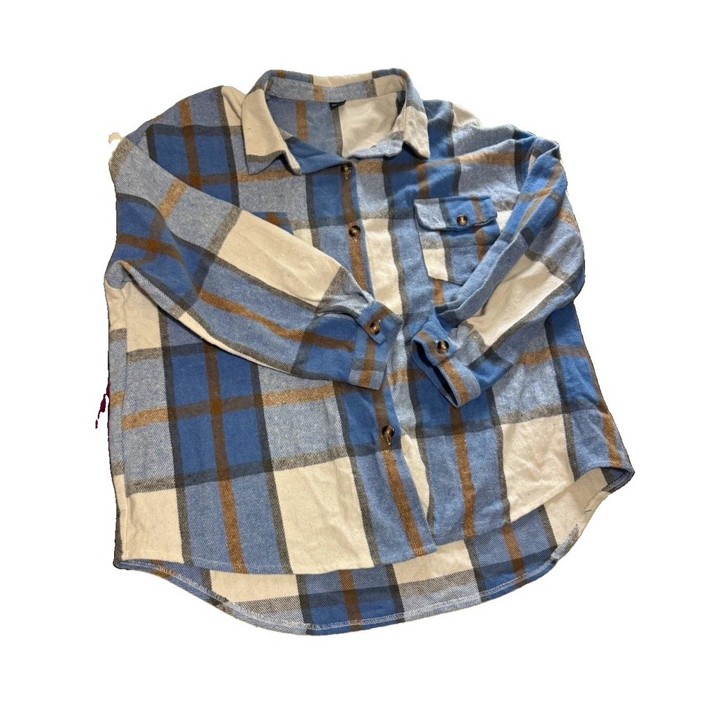 SHEIN Curve Women's Plus 2XL Blue White Brown Plaid Flannel Button-Up Shirt